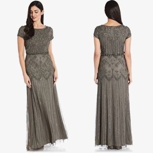 NEW Adrianna Papell Gray Beaded Short Sleeve Blouson Formal Gown 4